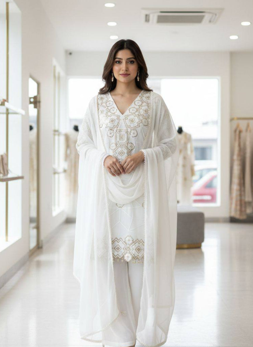 White Embroidered Georgette Top and Palazzo Set with Dupatta