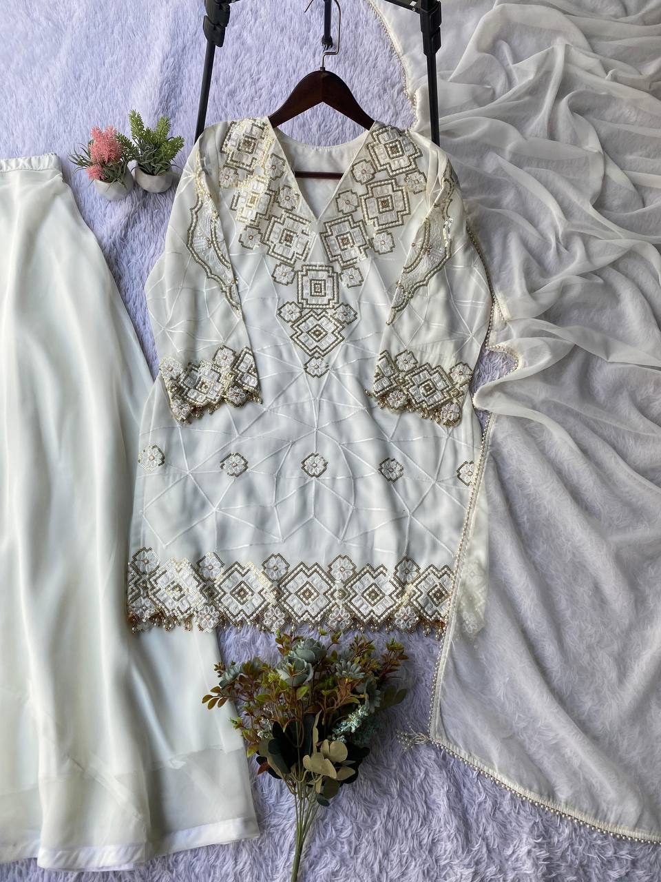 White Embroidered Georgette Top and Palazzo Set with Dupatta