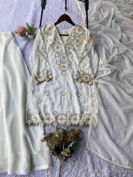 White Embroidered Georgette Top and Palazzo Set with Dupatta