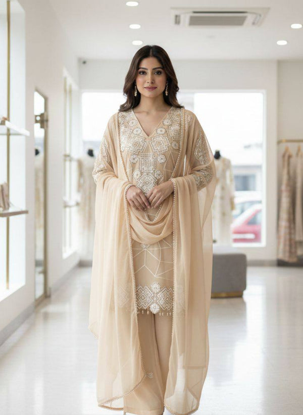 Beige Embroidered Georgette Top and Palazzo Set with Dupatta