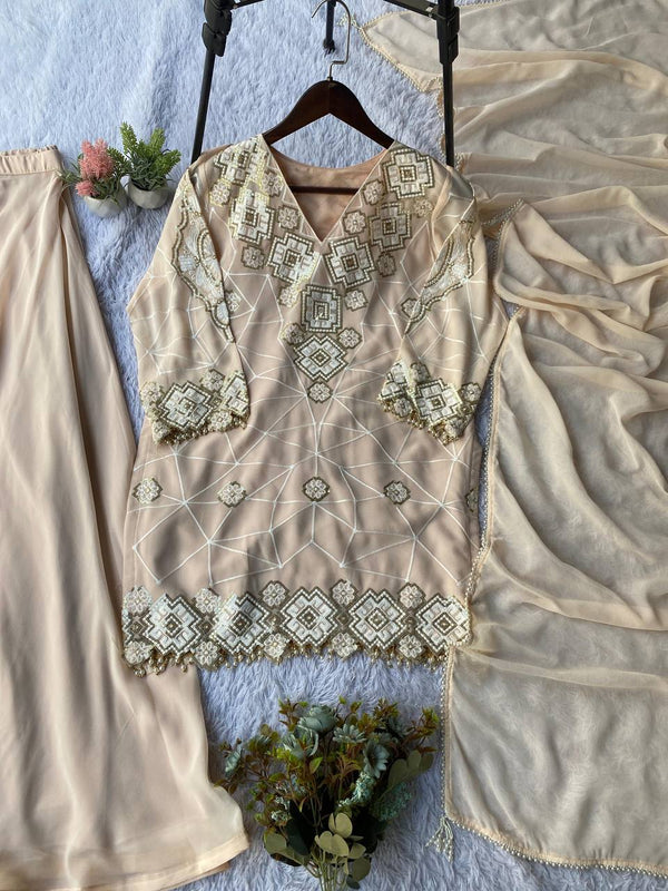 Beige Embroidered Georgette Top and Palazzo Set with Dupatta