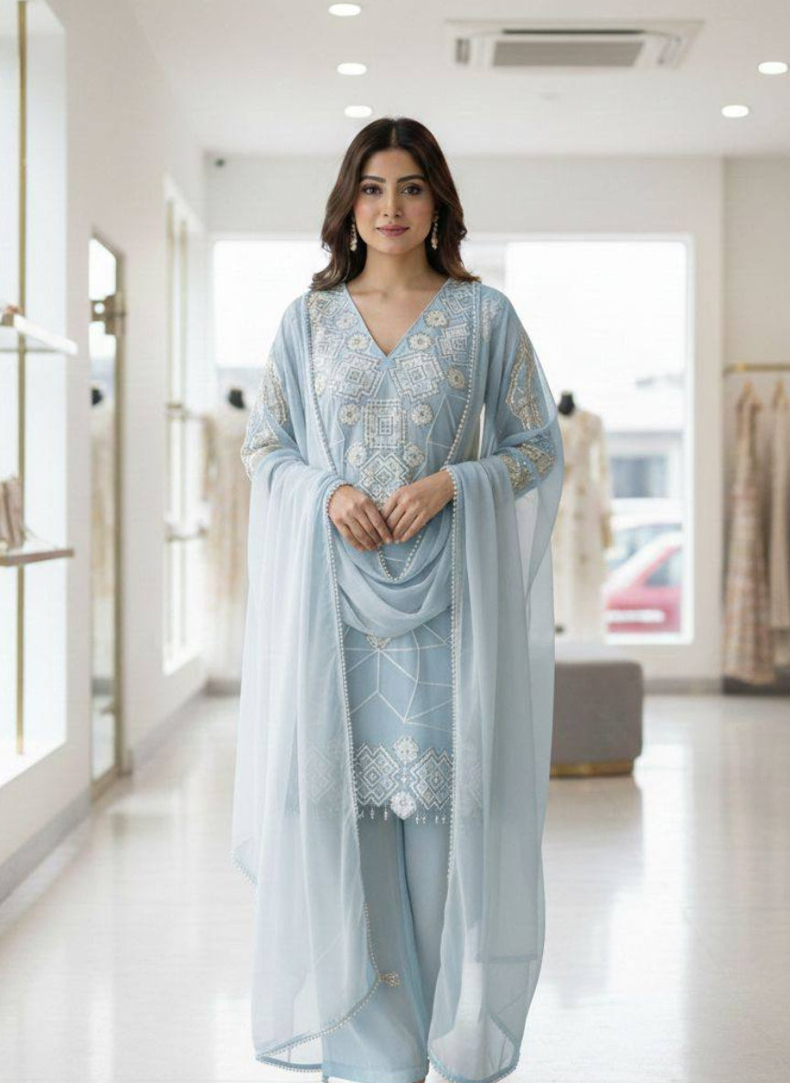 Light Blue Embroidered Georgette Top and Palazzo Set with Dupatta