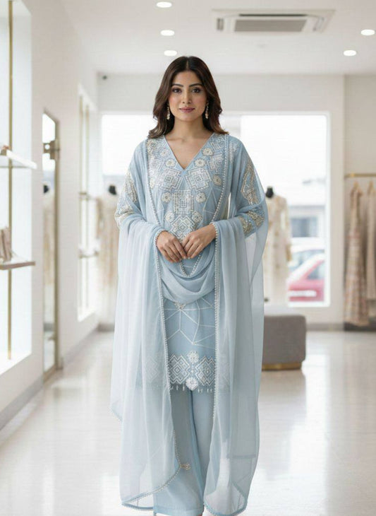 Light Blue Embroidered Georgette Top and Palazzo Set with Dupatta