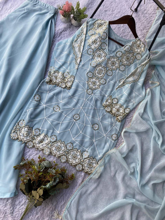 Light Blue Embroidered Georgette Top and Palazzo Set with Dupatta