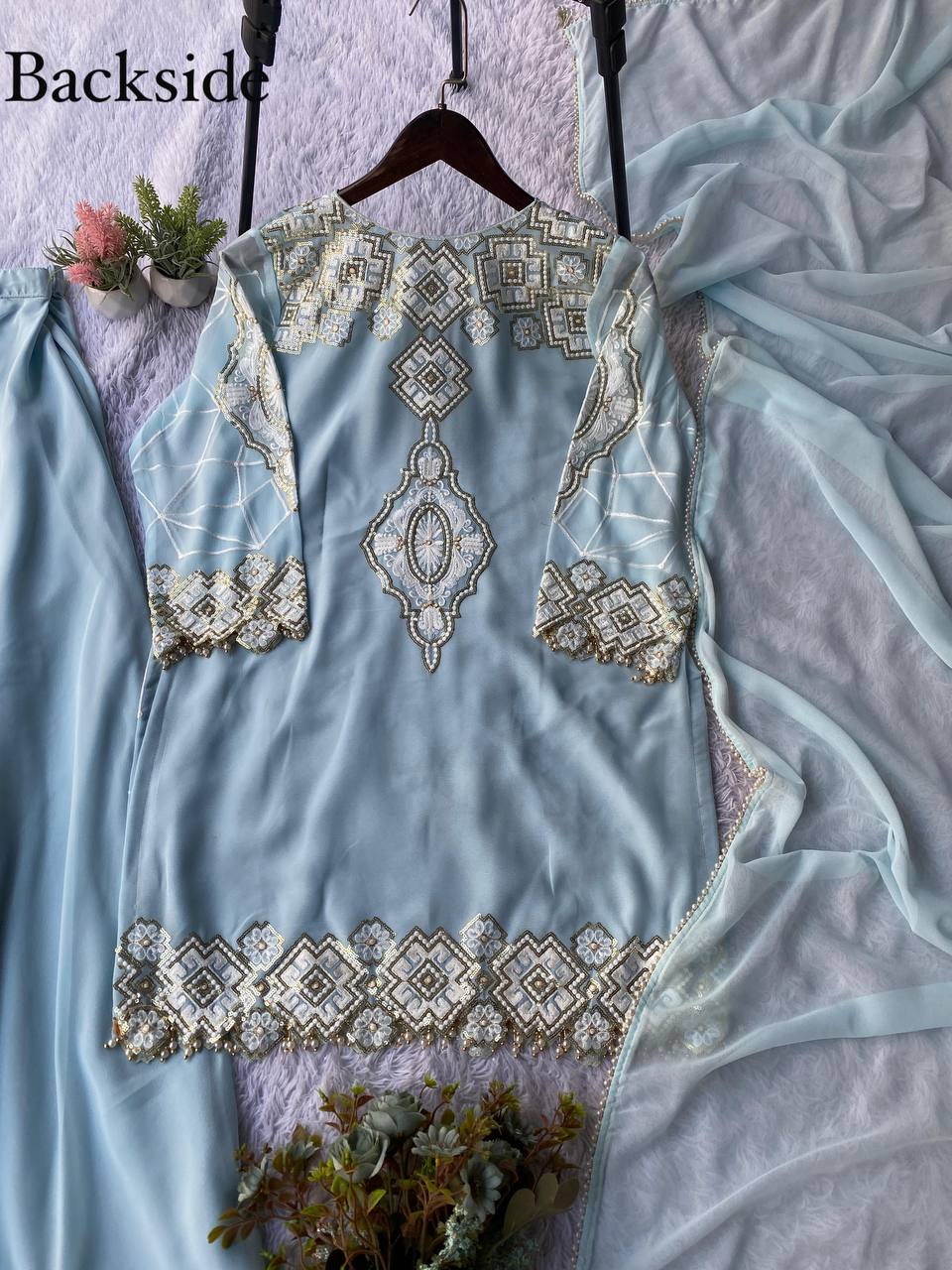 Light Blue Embroidered Georgette Top and Palazzo Set with Dupatta