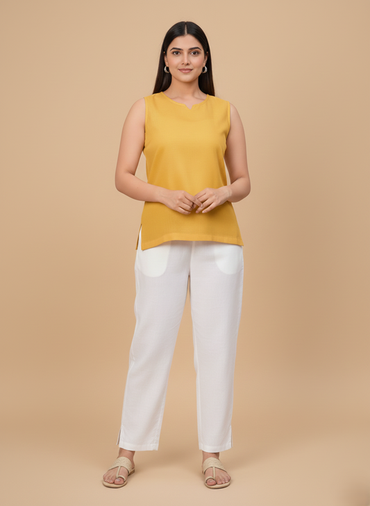 Mustard Yellow Minimalist Sleeveless Longline Fusion Tunic
