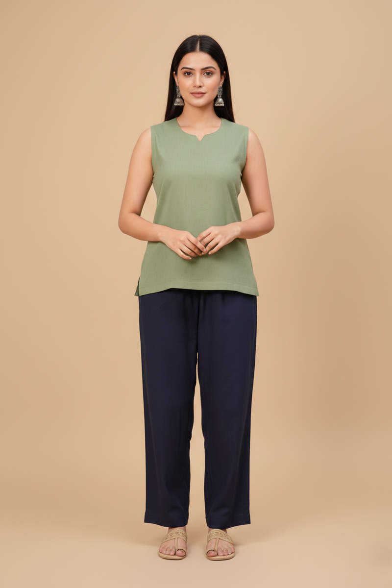 Green Minimalist Sleeveless Longline Fusion Tunic