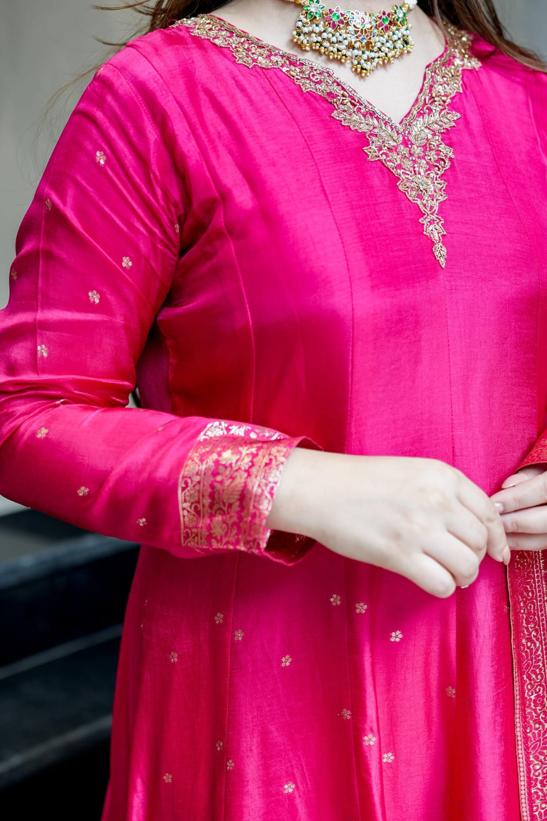Pink Royal Chanderi Silk Banarasi Anarkali with Maharaja Silk Pant