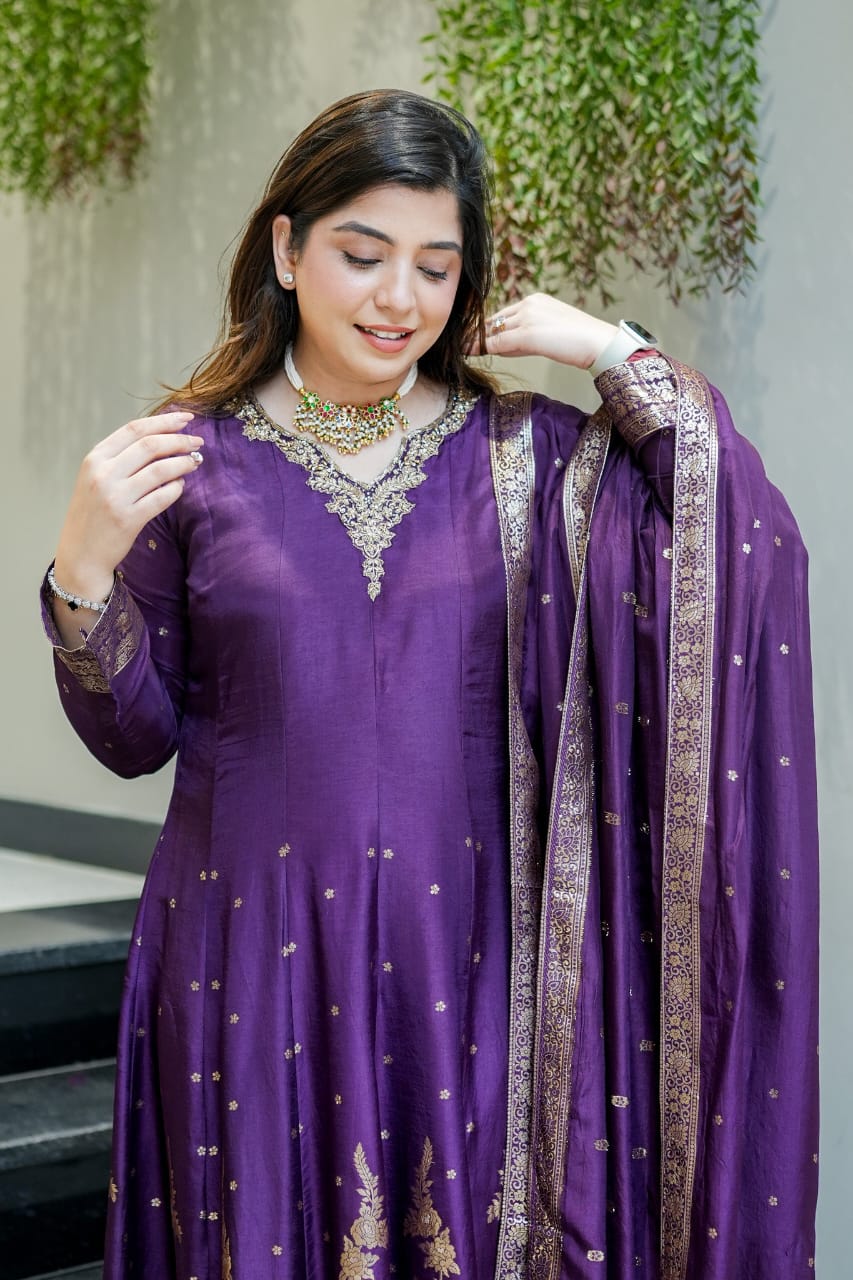 Purple Royal Chanderi Silk Banarasi Anarkali with Maharaja Silk Pant