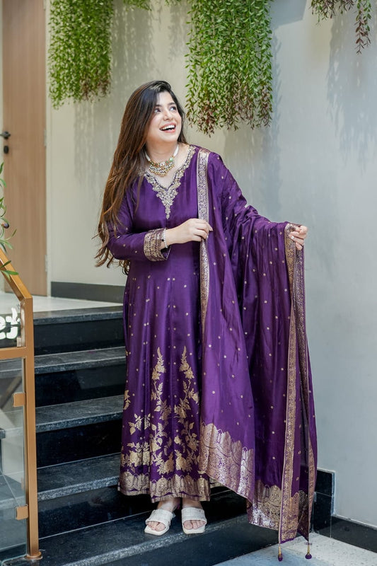Purple Royal Chanderi Silk Banarasi Anarkali with Maharaja Silk Pant