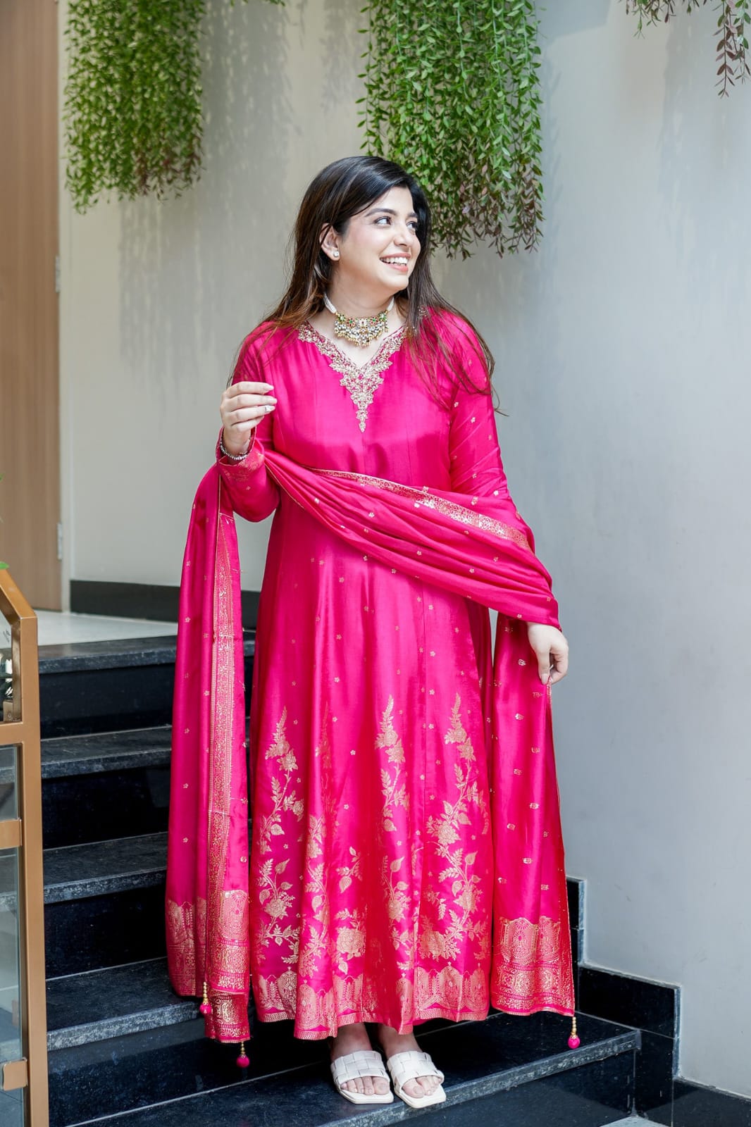 Pink Royal Chanderi Silk Banarasi Anarkali with Maharaja Silk Pant