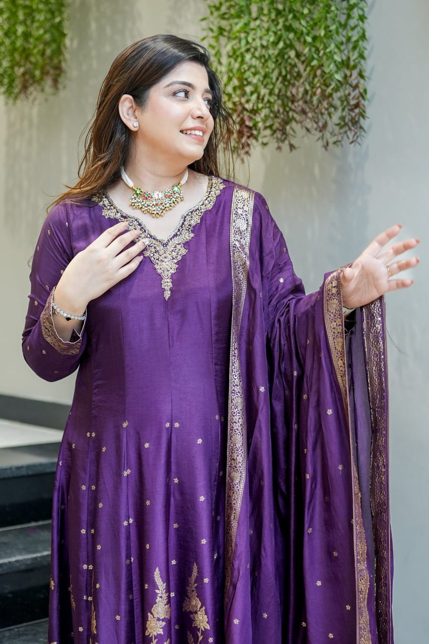 Purple Royal Chanderi Silk Banarasi Anarkali with Maharaja Silk Pant