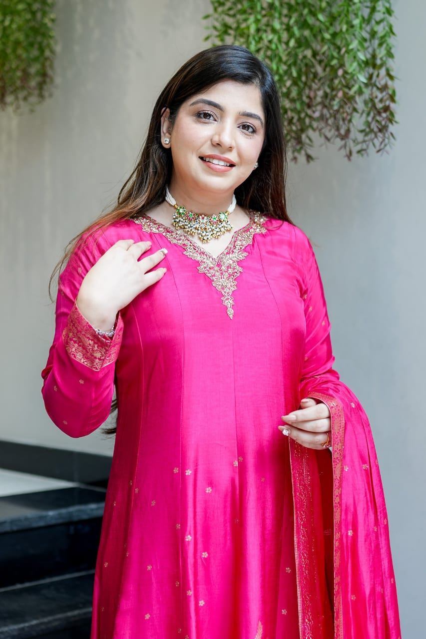 Pink Royal Chanderi Silk Banarasi Anarkali with Maharaja Silk Pant