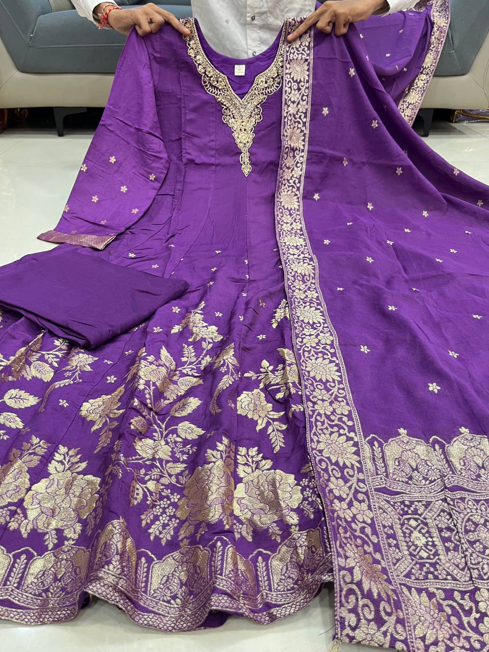 Purple Royal Chanderi Silk Banarasi Anarkali with Maharaja Silk Pant