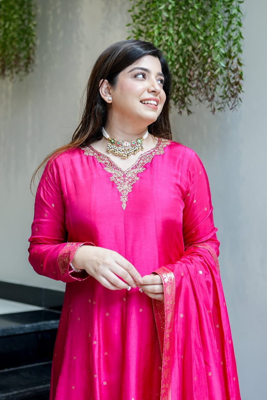 Pink Royal Chanderi Silk Banarasi Anarkali with Maharaja Silk Pant