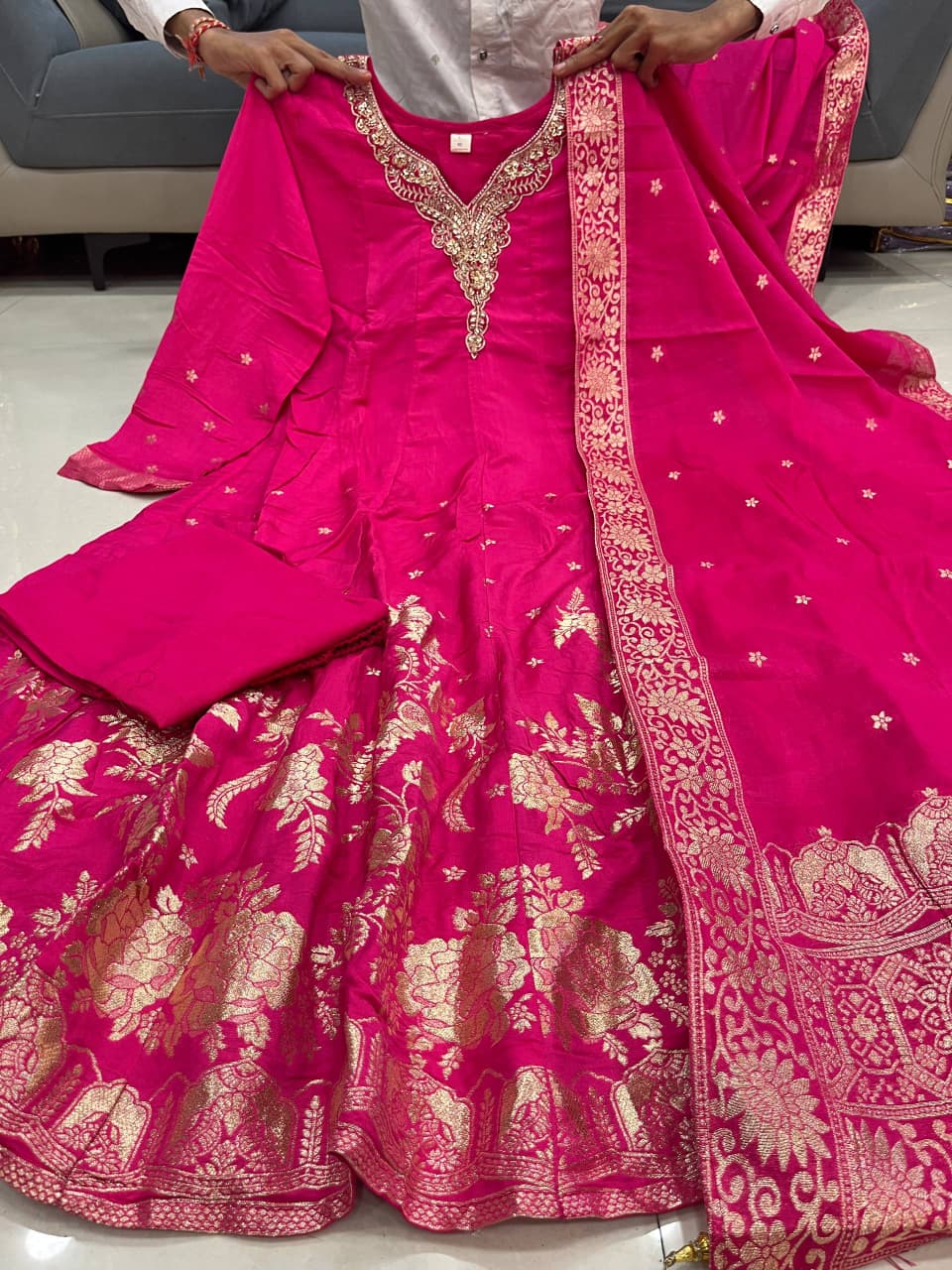 Pink Royal Chanderi Silk Banarasi Anarkali with Maharaja Silk Pant
