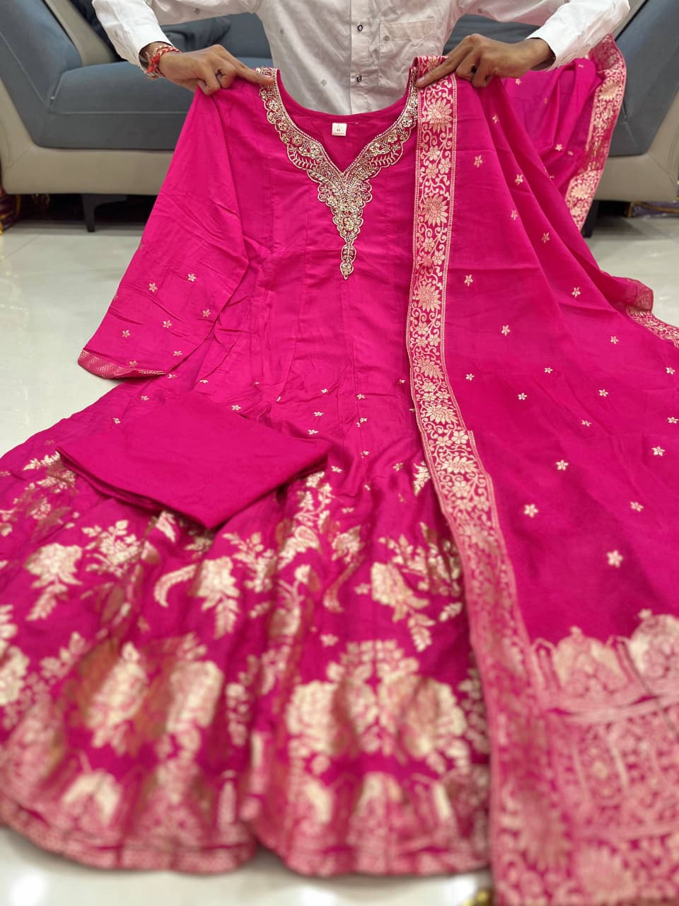Pink Royal Chanderi Silk Banarasi Anarkali with Maharaja Silk Pant