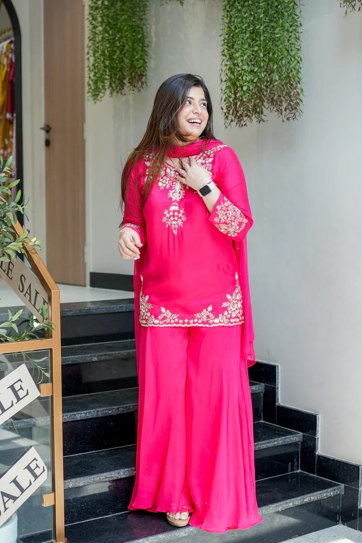Pink Designer Mul Chanderi Party Wear Suit Set