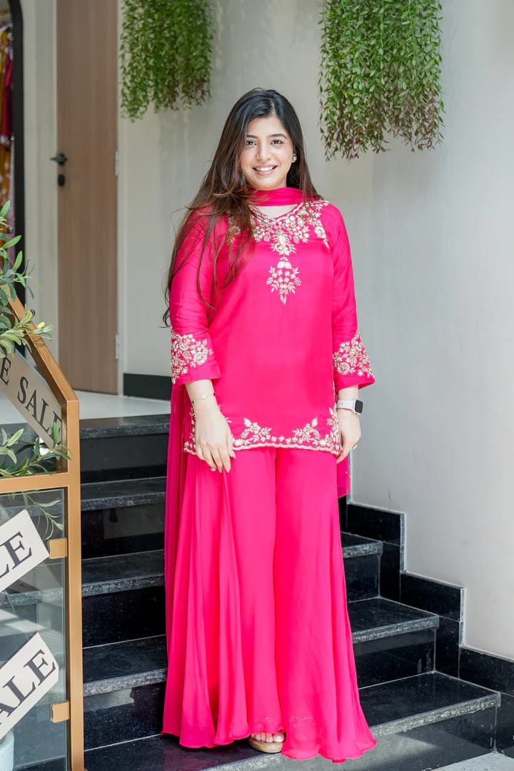 Pink Designer Mul Chanderi Party Wear Suit Set