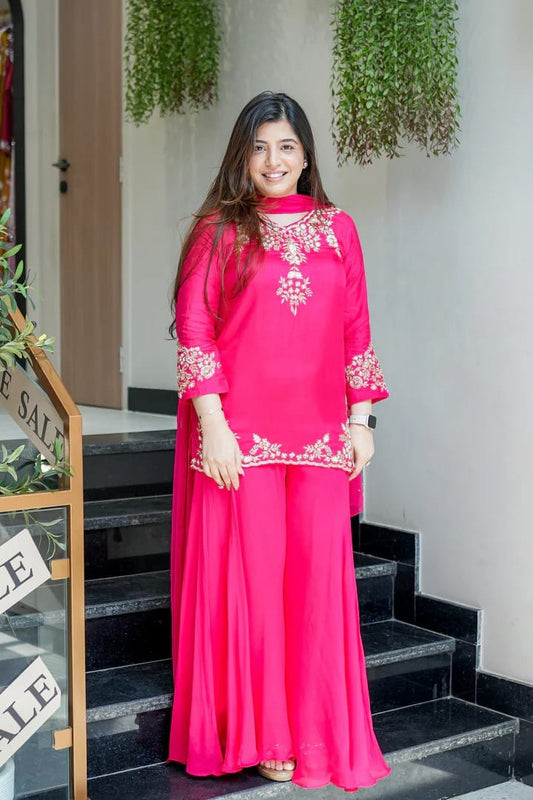 Pink Designer Mul Chanderi Party Wear Suit Set