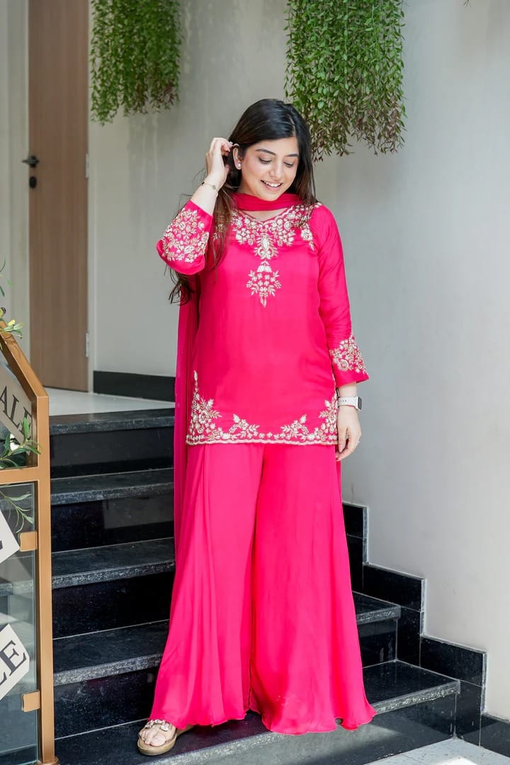 Pink Designer Mul Chanderi Party Wear Suit Set