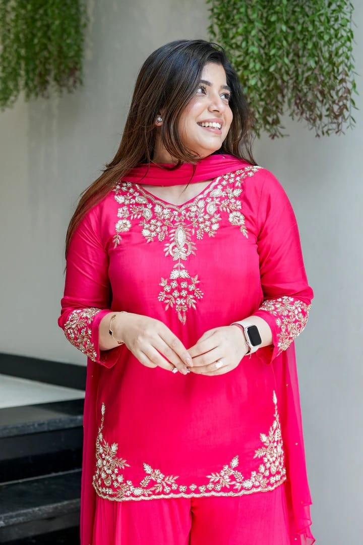 Pink Designer Mul Chanderi Party Wear Suit Set