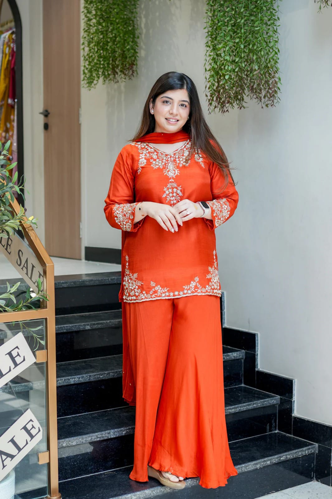 Orange Designer Mul Chanderi Party Wear Suit Set