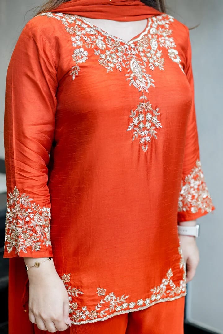 Orange Designer Mul Chanderi Party Wear Suit Set