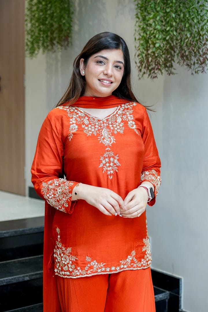 Orange Designer Mul Chanderi Party Wear Suit Set