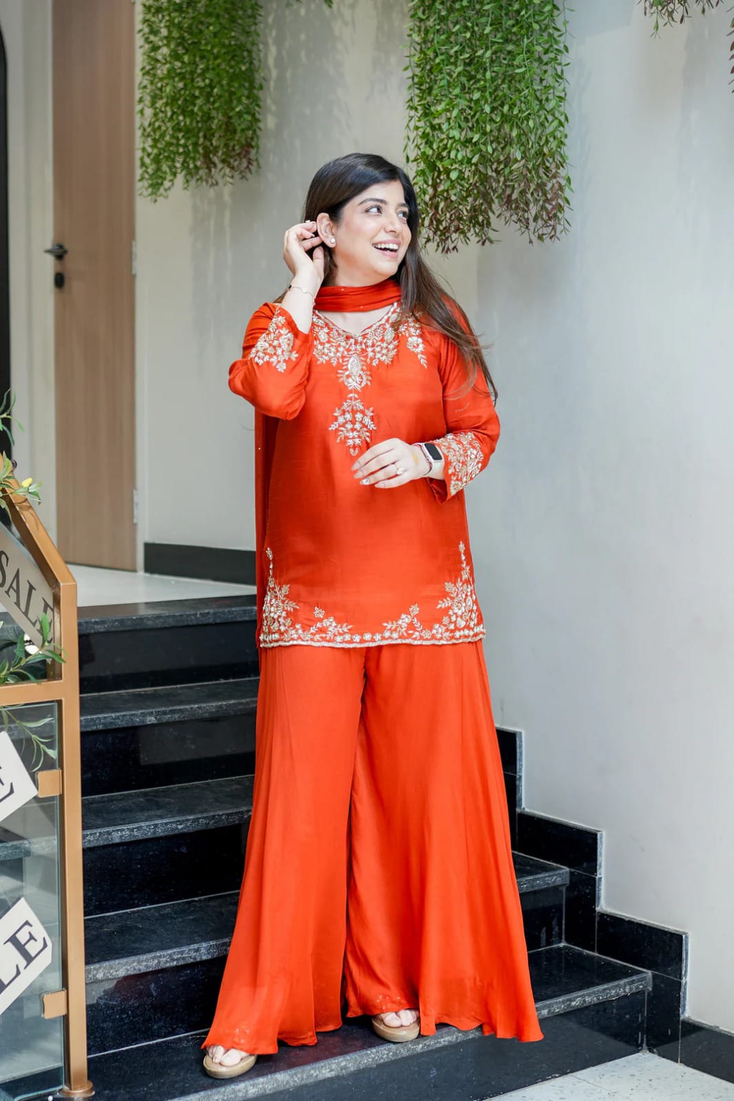 Orange Designer Mul Chanderi Party Wear Suit Set