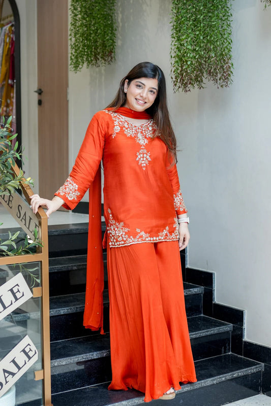 Orange Designer Mul Chanderi Party Wear Suit Set
