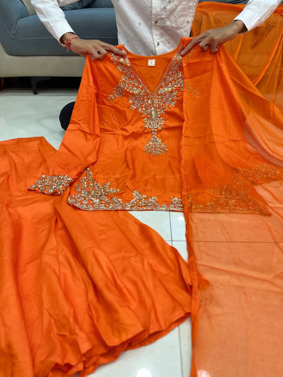 Orange Designer Mul Chanderi Party Wear Suit Set