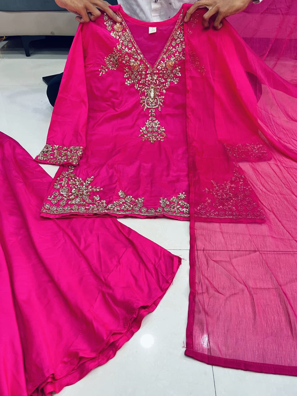Pink Designer Mul Chanderi Party Wear Suit Set