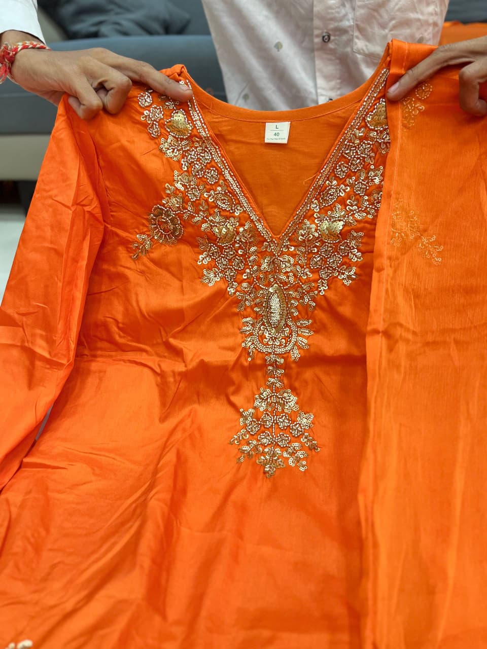 Orange Designer Mul Chanderi Party Wear Suit Set