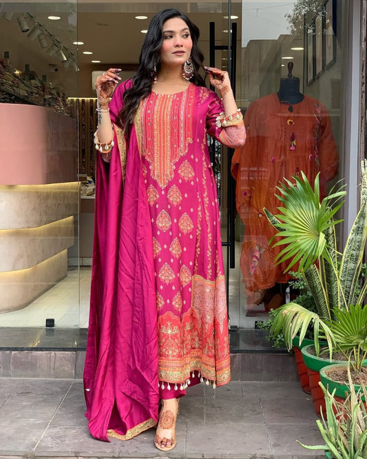Pink Diamond Silk Schiffli Suit Set