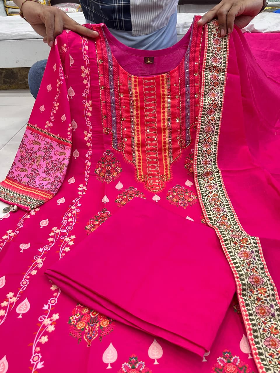 Pink Diamond Silk Schiffli Suit Set