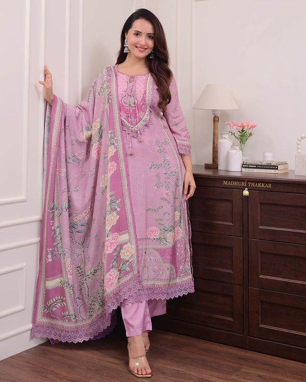 Lilac Soft Muslin Embroidered Suit Set