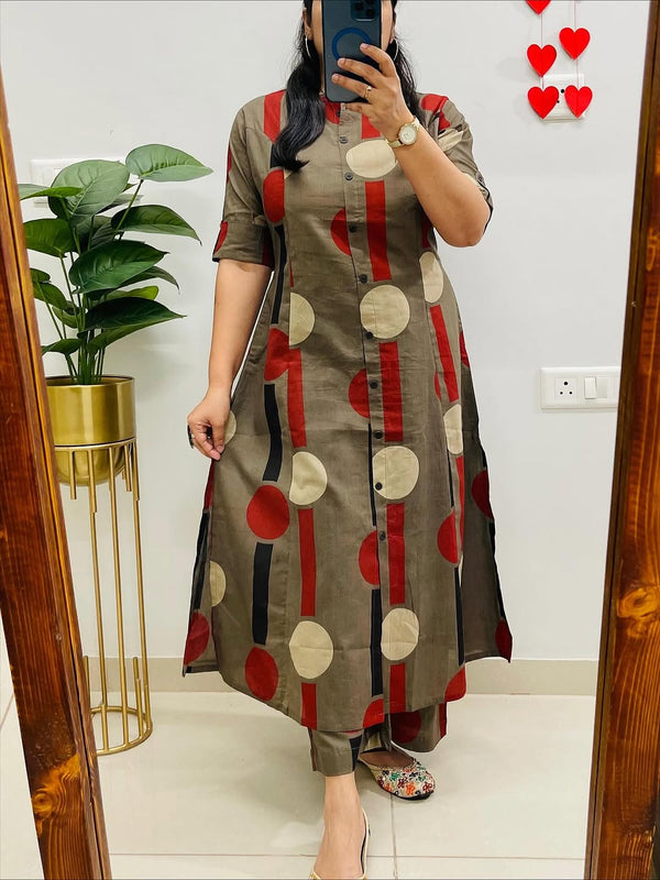 Brown Floral Fine Cotton Kurti Pant Co-ord Set