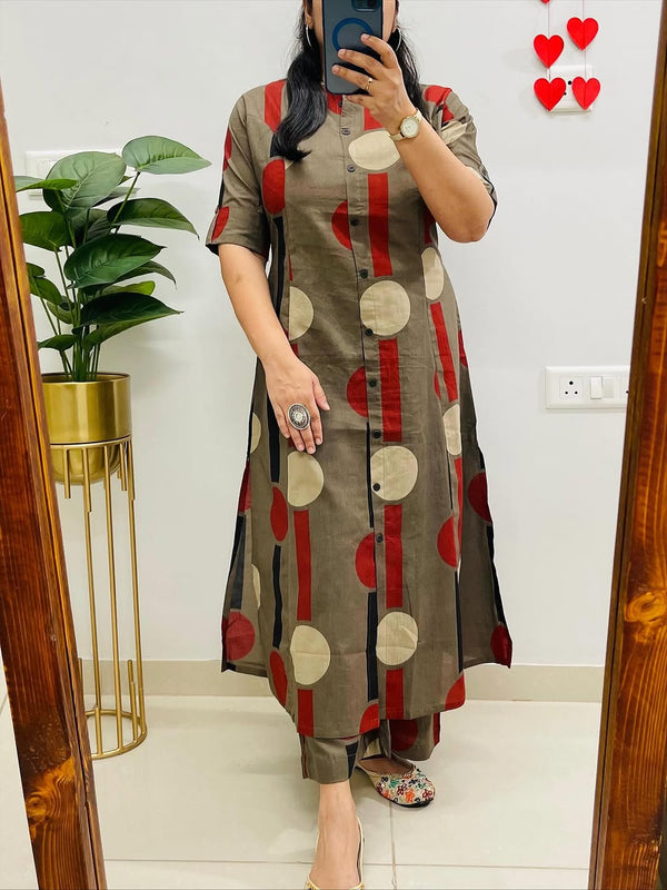 Brown Floral Fine Cotton Kurti Pant Co-ord Set