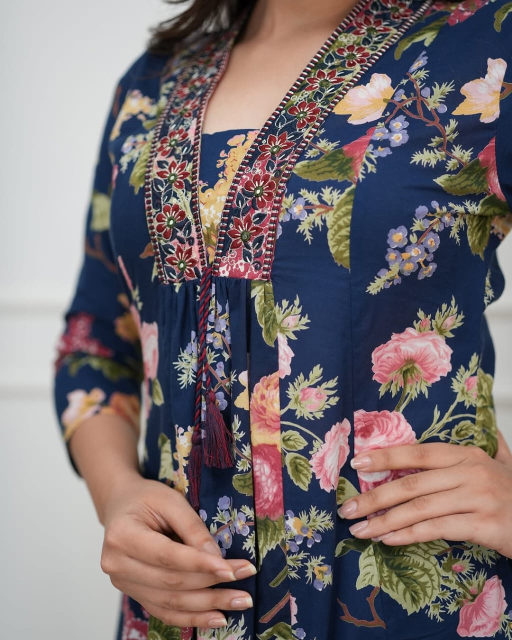 Blue Pure Cotton Embroidered Kurti Pant Dupatta Set