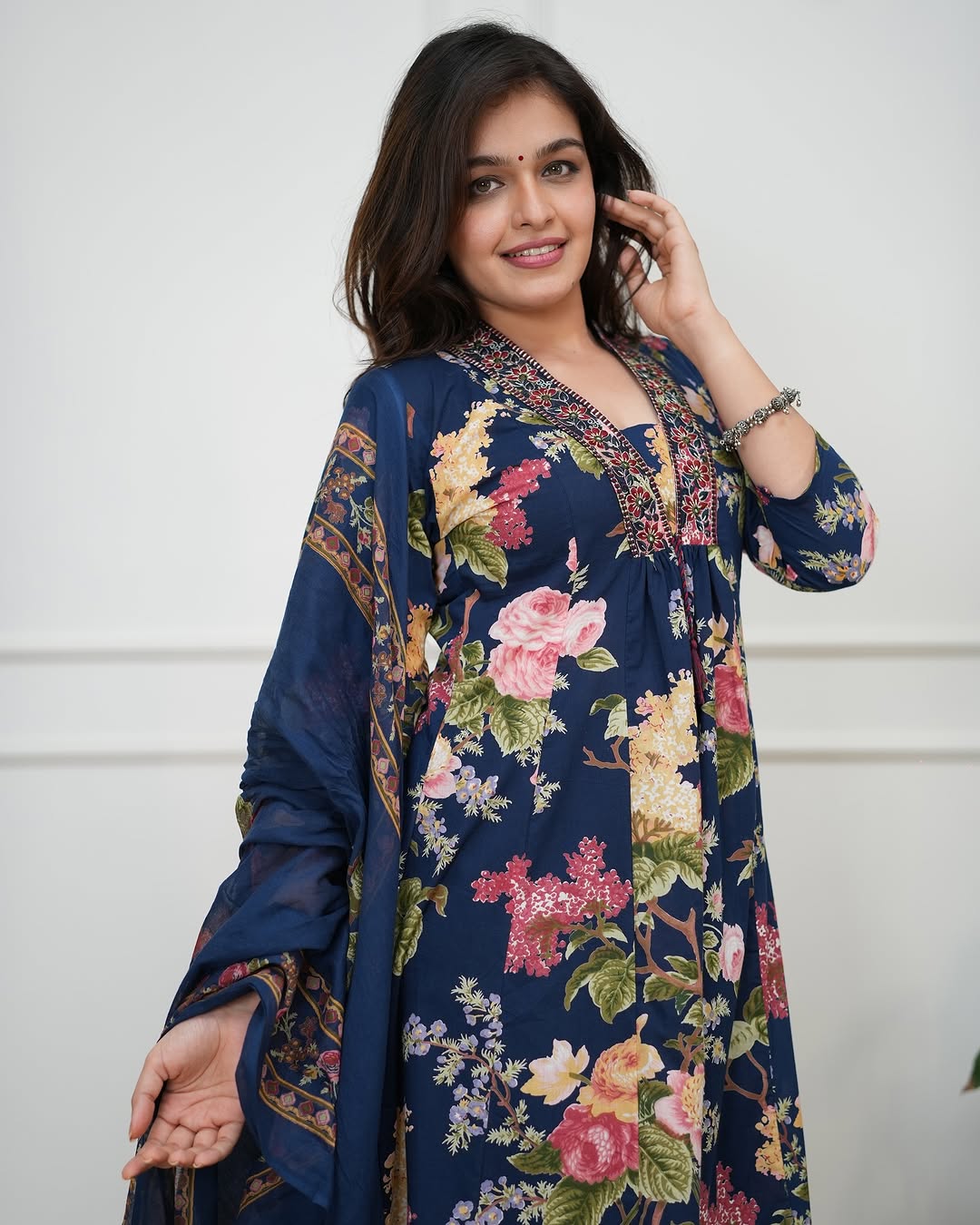Blue Pure Cotton Embroidered Kurti Pant Dupatta Set