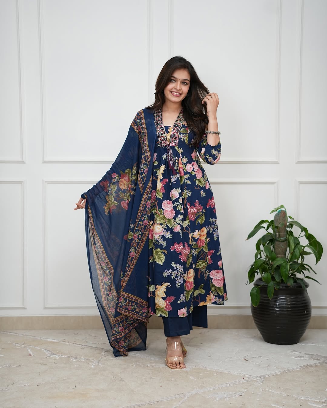 Blue Pure Cotton Embroidered Kurti Pant Dupatta Set