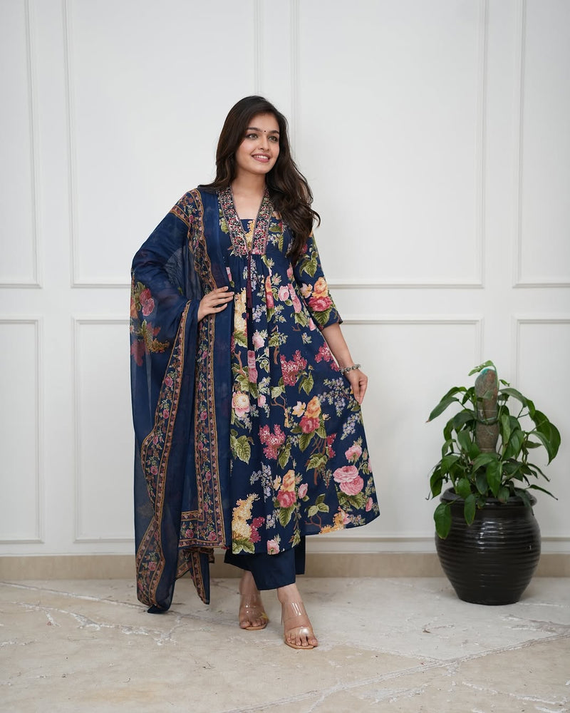 Blue Pure Cotton Embroidered Kurti Pant Dupatta Set