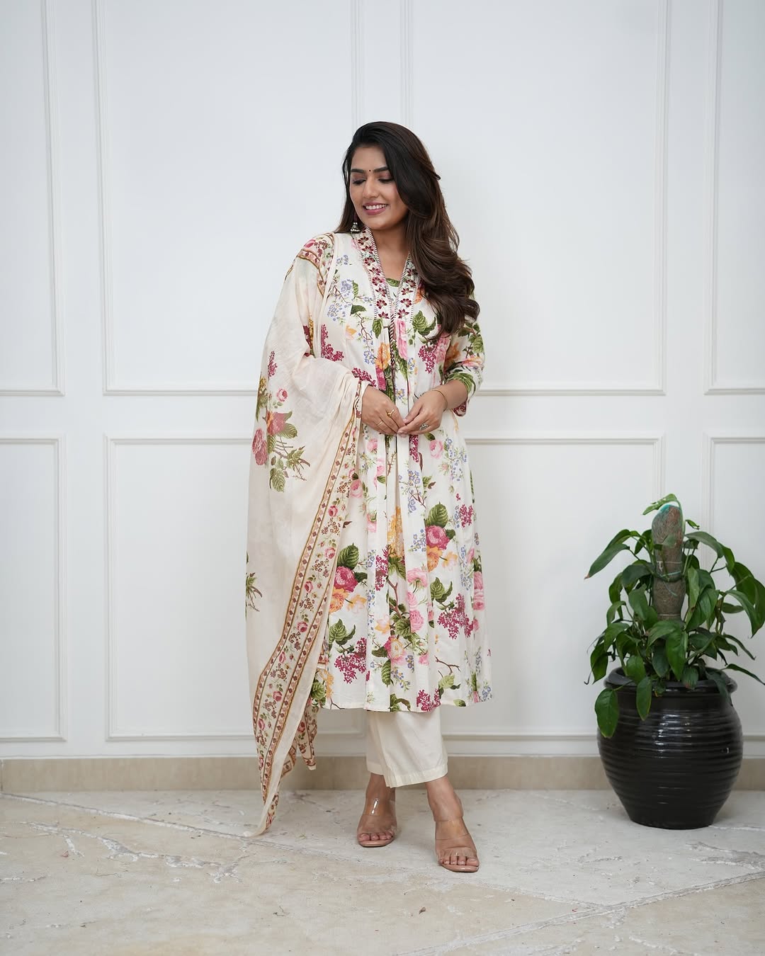 White Pure Cotton Embroidered Kurti Pant Dupatta Set