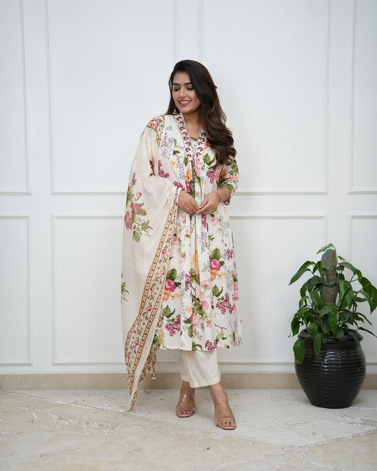 White Pure Cotton Embroidered Kurti Pant Dupatta Set