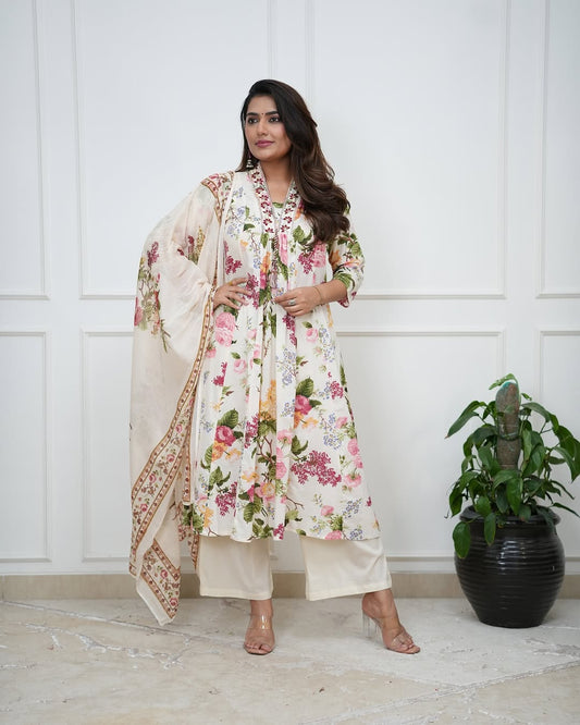 White Pure Cotton Embroidered Kurti Pant Dupatta Set