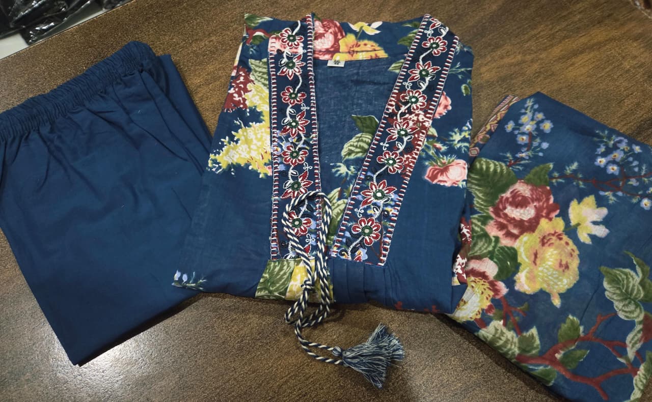 Blue Pure Cotton Embroidered Kurti Pant Dupatta Set