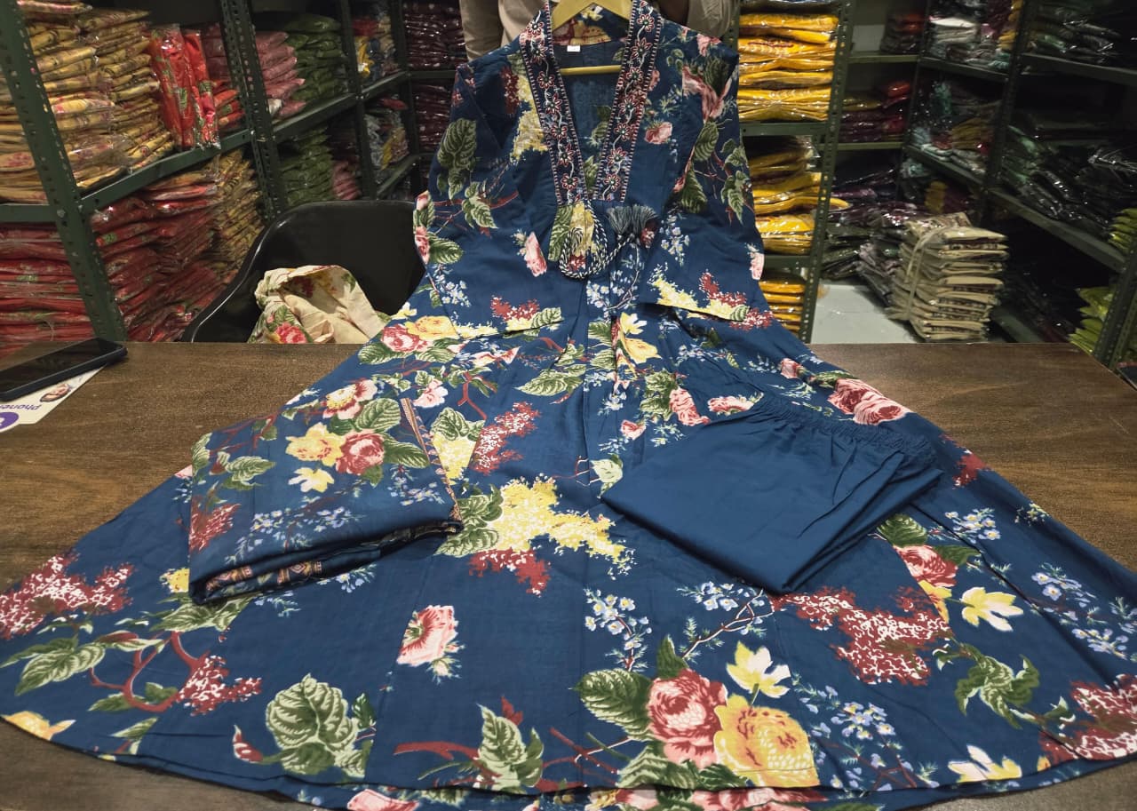 Blue Pure Cotton Embroidered Kurti Pant Dupatta Set