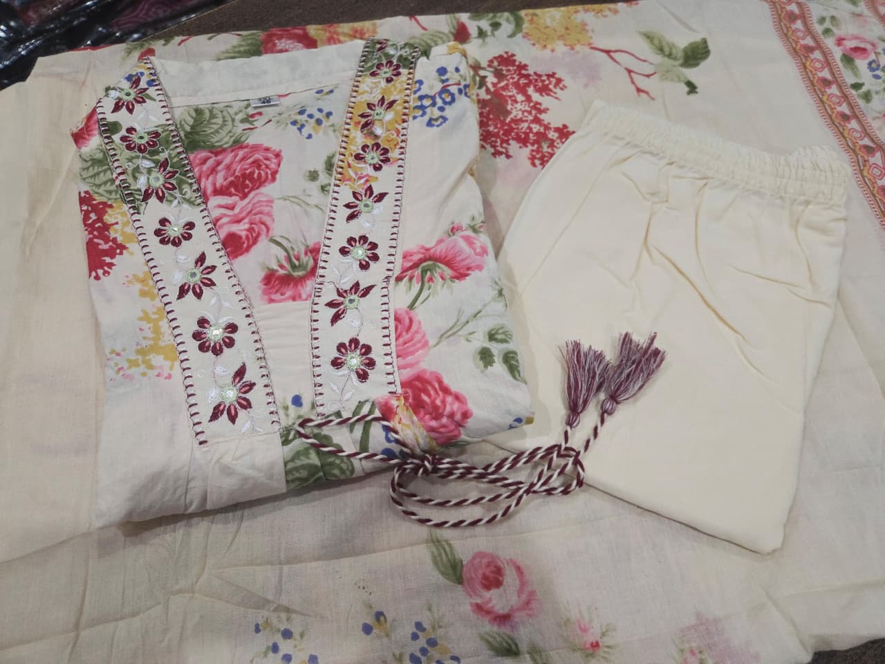 White Pure Cotton Embroidered Kurti Pant Dupatta Set