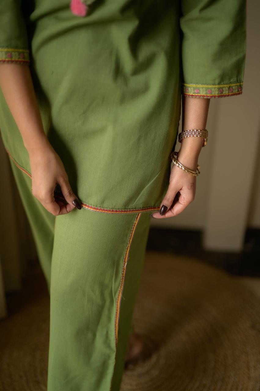 Green Summer Cotton Embroidered Kurti Pant Co-ord Set